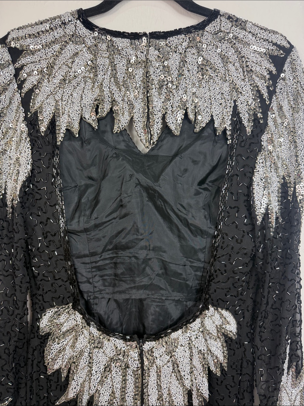 Vintage Black Silver Beaded Sequin Open Back Maxi Dress Size M Long Sleeve - Picture 5 of 8